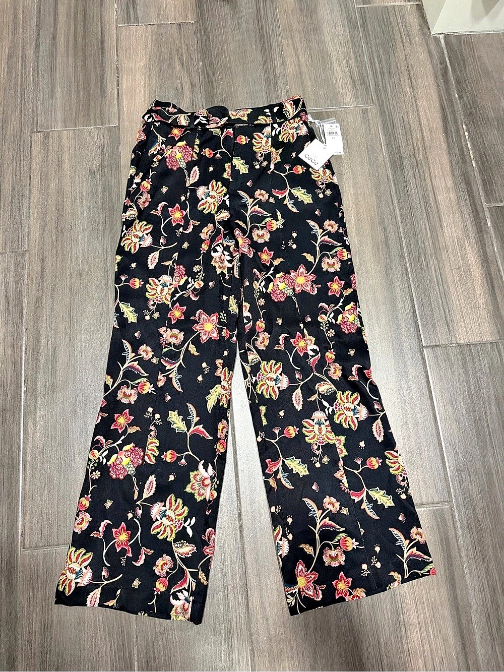 CeCe Floral Print Belted Wide Leg Pants Black & Pink Size 10